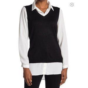 Adrianna Papell, V-Neck Twofer Sweater, Black and White Woman's size L